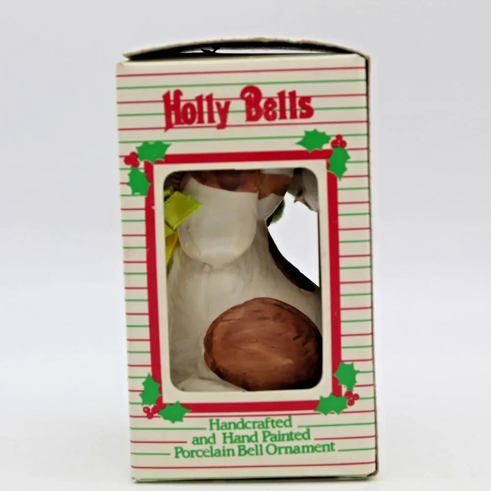 Holly Bells Porcelain Puppy Dog Bell Ornament Vintage 1986 Original Box b